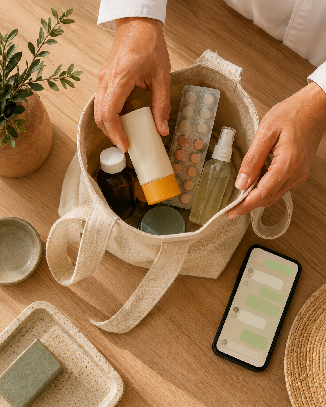 Pharmacist packing a wellness delivery bag next to a phone showing a WhatsApp order